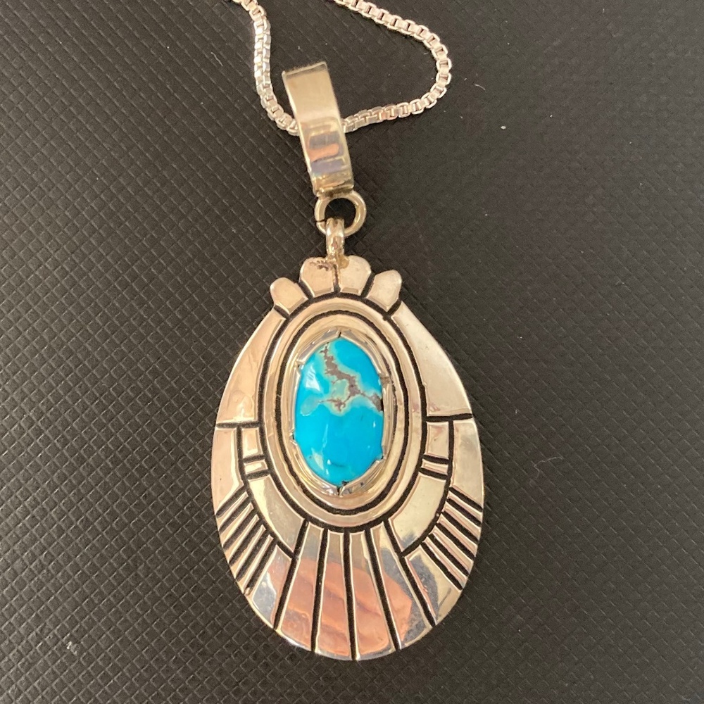 Native American Sterling Silver and Turquoise Pendant Necklace
